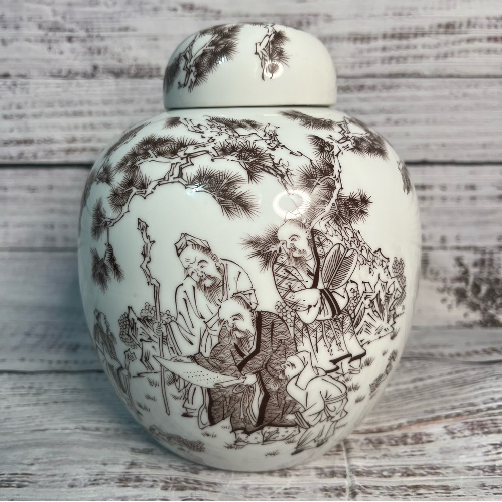 Vintage Japanese Ginger Jar Brown White Ceramic 8"